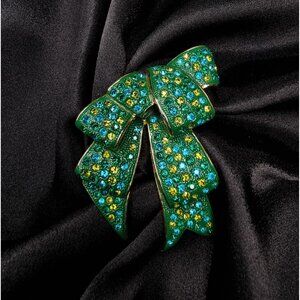 Vintage Joan Rivers 1990s Green & Yellow Rhinestone Bow Brooch Pin Gold-Tone Met